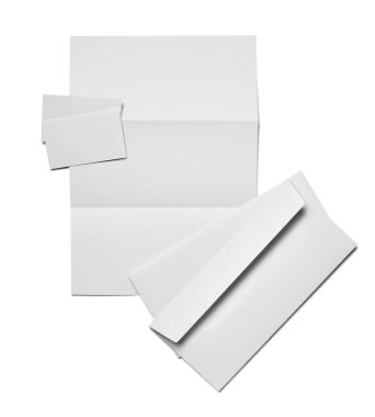 Beyaz arkaplanda zarf, kağıt ve kartvizit şablonu