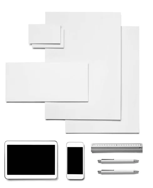Colección Varios Negocios Blanco Imprimir Pluma Lápiz Teléfono Tableta Plantillas —  Fotos de Stock