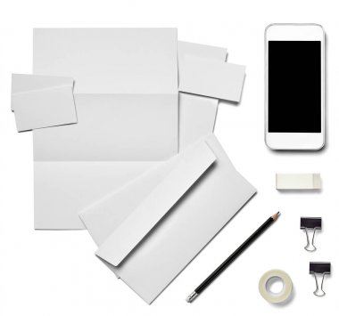 koleksiyon çeşitli beyaz iş yazdırma, kalem, foldback klip, akıllı telefon, tablet beyaz arka plan şablonları. her biri ayrı ayrı vurulur