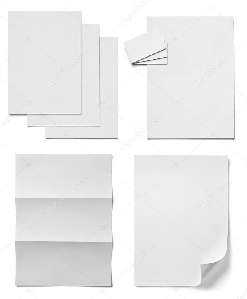 collection of various white paper document on white background. each one is shot separately