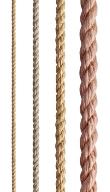 Beyaz arkaplanda çeşitli ip dizileri koleksiyonu. Her biri ayrı ayrı çekiliyor.