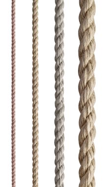 Beyaz arkaplanda çeşitli ip dizileri koleksiyonu. Her biri ayrı ayrı çekiliyor.