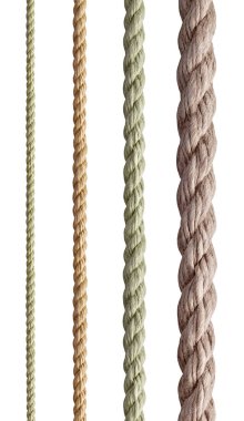 Beyaz arkaplanda çeşitli ip dizileri koleksiyonu. Her biri ayrı ayrı çekiliyor.