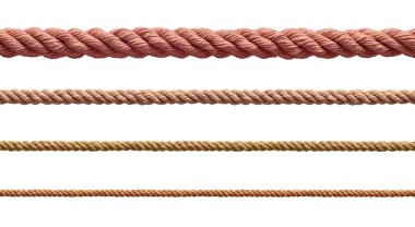 Beyaz arkaplanda çeşitli ip dizileri koleksiyonu. Her biri ayrı ayrı çekiliyor.