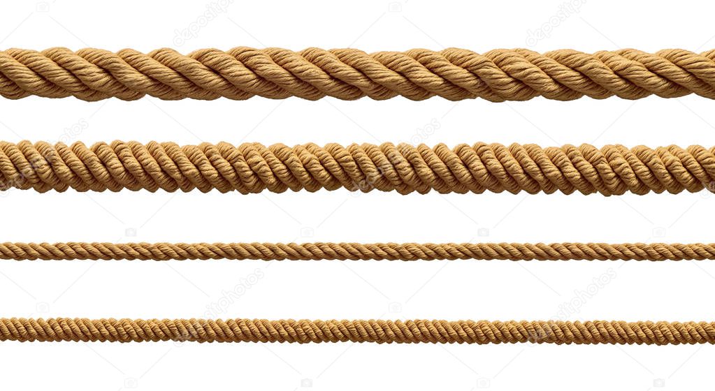 collection of  various ropes string on white background. each one is shot separately