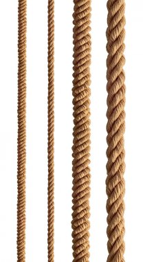 Beyaz arkaplanda çeşitli ip dizileri koleksiyonu. Her biri ayrı ayrı çekiliyor.