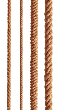 Beyaz arkaplanda çeşitli ip dizileri koleksiyonu. Her biri ayrı ayrı çekiliyor.