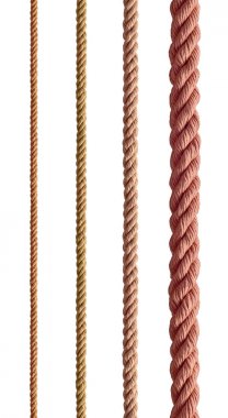 Beyaz arkaplanda çeşitli ip dizileri koleksiyonu. Her biri ayrı ayrı çekiliyor.