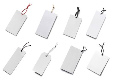 Beyaz arkaplandaki çeşitli fiyat etiketleri koleksiyonu. Her biri ayrı ayrı çekiliyor.