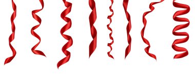 Beyaz arkaplanda çeşitli kırmızı kurdele parçaları var. Her biri ayrı ayrı çekiliyor.