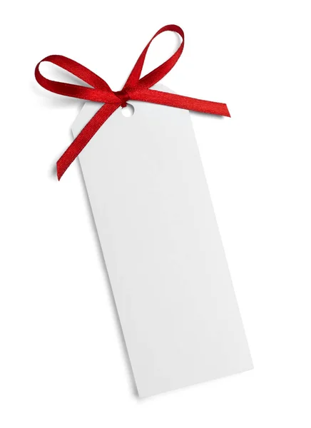 Close Μιας Κάρτας Σημείωμα Κορδέλα Τόξο Λευκό Φόντο — Φωτογραφία Αρχείου