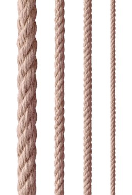 Beyaz arkaplanda çeşitli ip dizileri koleksiyonu. Her biri ayrı ayrı çekiliyor.