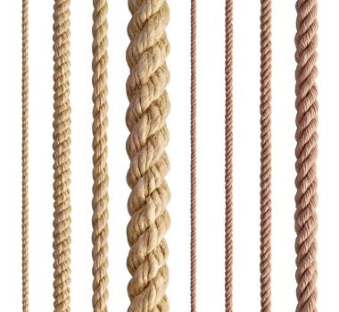 Beyaz arkaplanda çeşitli ip dizileri koleksiyonu. Her biri ayrı ayrı çekiliyor.