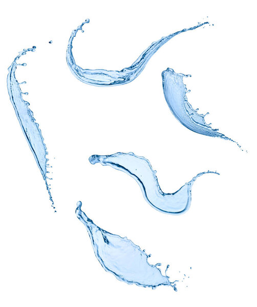 collection of  various water splashes on white background. each one is shot separately