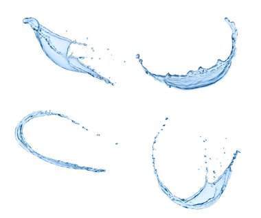 Beyaz arka planda çeşitli su sıçramaları var. Her biri ayrı ayrı çekiliyor.