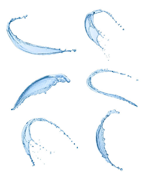 collection of  various water splashes on white background. each one is shot separately