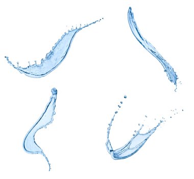 Beyaz arka planda çeşitli su sıçramaları var. Her biri ayrı ayrı çekiliyor.