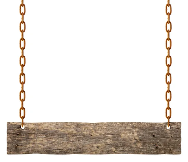 Wooden Blank Sign Hanging Chain Rope White Background — Stock Photo, Image