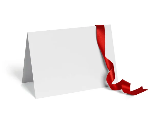 Κλείσιμο Ευχετήριου Σημειώματος Κάρτας Κόκκινη Κορδέλα Λευκό Φόντο — Φωτογραφία Αρχείου