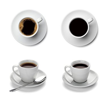 Beyaz arka planda çeşitli kahve fincanlarının toplanması. Her biri ayrı ayrı çekiliyor.