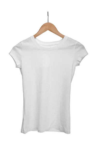 Primo Piano Una Shirt Bianca Appendiabiti Stoffa Sfondo Bianco — Foto Stock