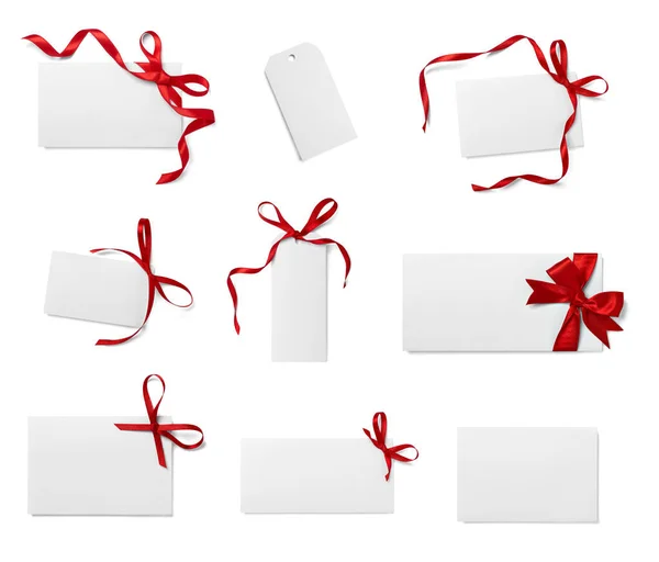 Collection Various Note Card Ribbon Bow White Background Each One — 스톡 사진