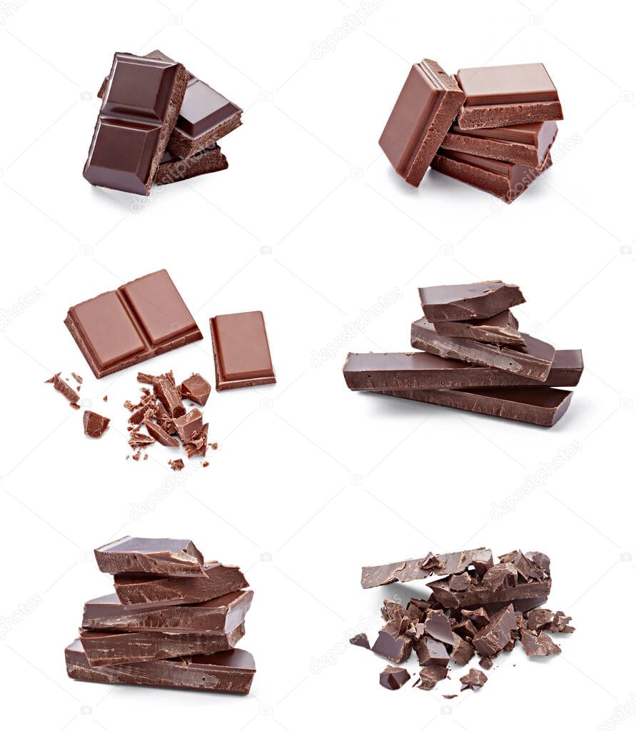 close up of chocolate pieces on  white background