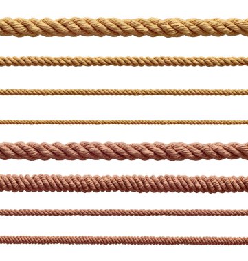 Beyaz arkaplanda çeşitli ip dizileri koleksiyonu. Her biri ayrı ayrı çekiliyor.