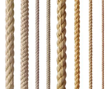 Beyaz arkaplanda çeşitli ip dizileri koleksiyonu. Her biri ayrı ayrı çekiliyor.