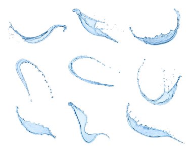 Beyaz arka planda çeşitli su sıçramaları var. Her biri ayrı ayrı çekiliyor.