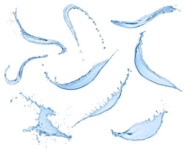 Beyaz arka planda çeşitli su sıçramaları var. Her biri ayrı ayrı çekiliyor.