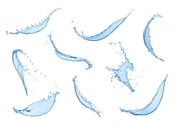 collection of  various water splashes on white background. each one is shot separately