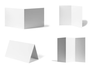 çeşitli boş broşür koleksiyonu ya da beyaz arkaplan üzerine bir masaüstü takvimi beyaz kağıt. Her biri ayrı ayrı çekiliyor.