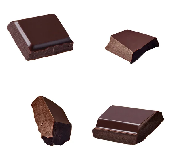 Close Van Chocolade Stukken Vallen Witte Achtergrond — Stockfoto