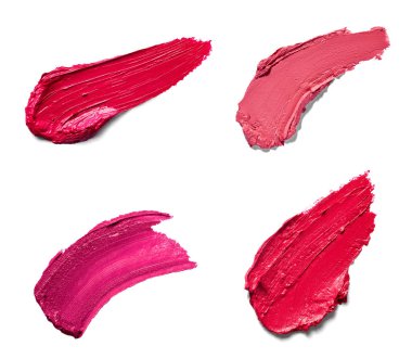 Beyaz arka planda çeşitli ruj lekeleri var. Her biri ayrı ayrı çekiliyor.