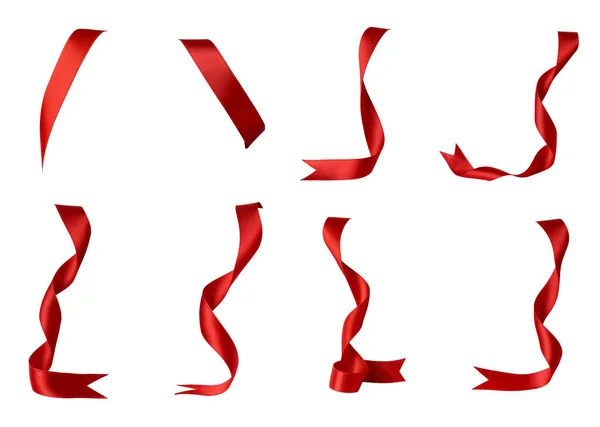 Колекція Різних Шматочків Червоної Стрічки Білому Тлі Кожен Знімається Окремо — стокове фото