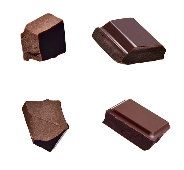 Primer Plano Trozos Chocolate Cayendo Sobre Fondo Blanco — Foto de Stock