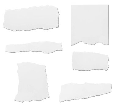 Beyaz zemin üzerinde beyaz yırtık kağıt parçaları koleksiyonu. Her biri ayrı ayrı çekiliyor.