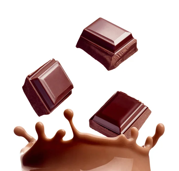 Close Chocolate Milk Splash Glass Chocolate Pieces White Background — Stock Photo, Image