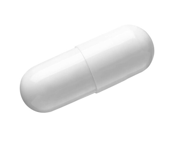close up of a white red pill on white fone