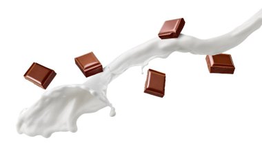 Çikolata parçalarını ve beyaz arka plandaki sütü kapat.