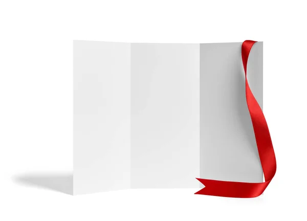 Close Blank Folded Leaflet Desktop Calendar Ribbon White Background — Stock Photo, Image