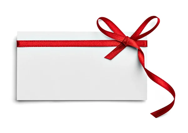 Close Μιας Κάρτας Σημείωμα Κόκκινη Κορδέλα Τόξο Λευκό Φόντο — Φωτογραφία Αρχείου