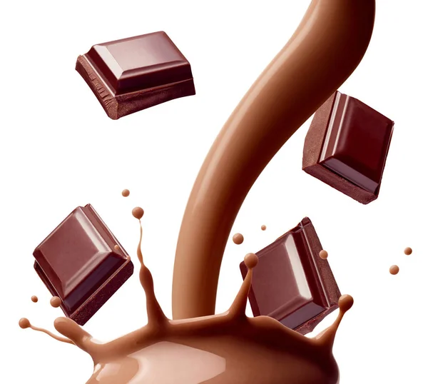 Close Chocolate Milk Splash Glass Chocolate Pieces White Background — Stock Photo, Image