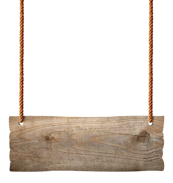白い背景にチェーンとロープで吊るされた木製の空白の看板 — ストック写真