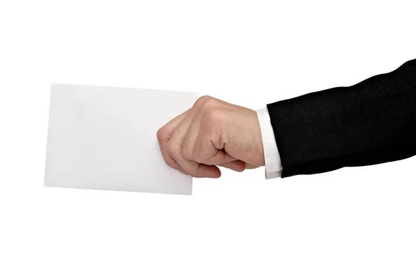 Close Hand Holding Blank Sign White Background — Stock Photo, Image