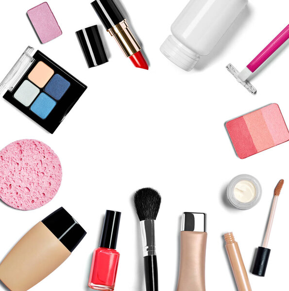 close up of  pieces of make up on white background