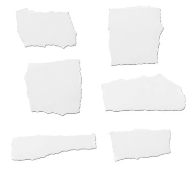 Beyaz zemin üzerinde beyaz yırtık kağıt parçaları koleksiyonu. Her biri ayrı ayrı çekiliyor.