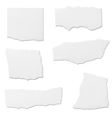Beyaz zemin üzerinde beyaz yırtık kağıt parçaları koleksiyonu. Her biri ayrı ayrı çekiliyor.