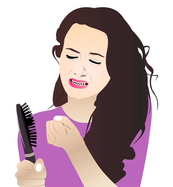 Woman worried about hair loss holding comb — Stock Vector